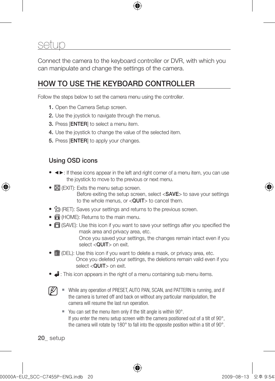 Setup, How to use the keyboard controller | Samsung SCC-C7455P User Manual | Page 20 / 52