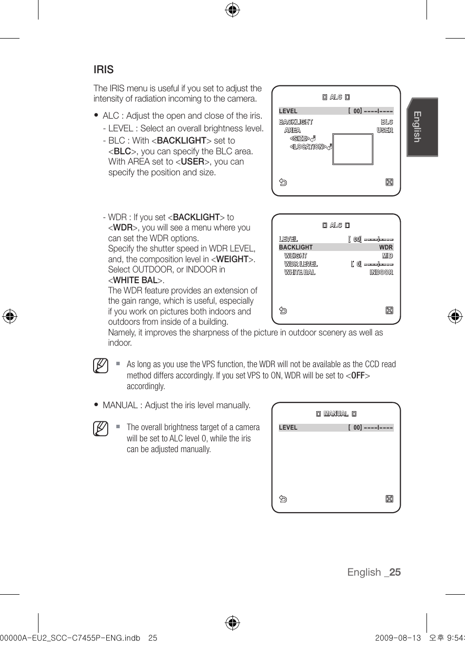 Iris, English | Samsung SCC-C7455P User Manual | Page 25 / 52
