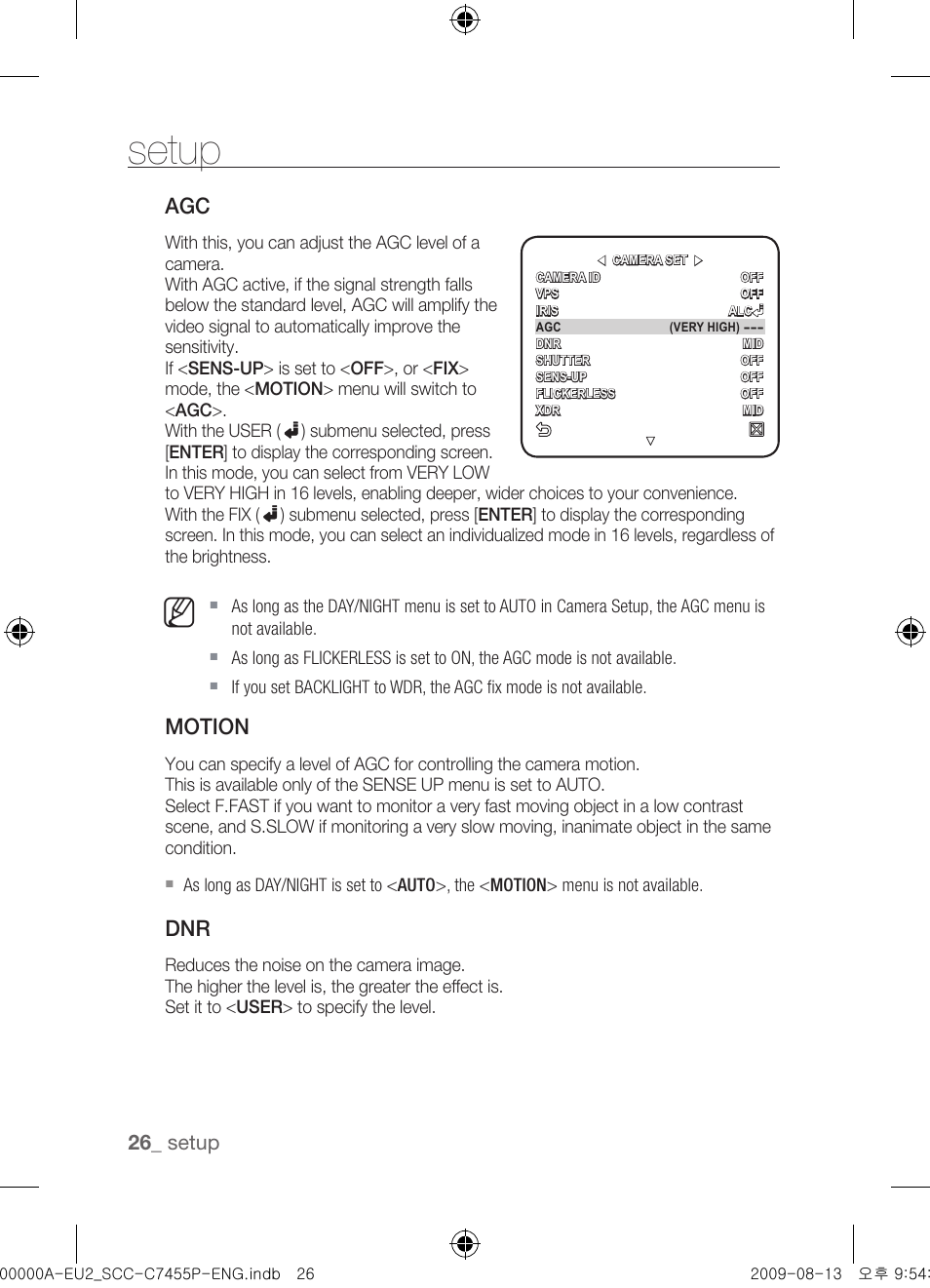 Motion, Setup | Samsung SCC-C7455P User Manual | Page 26 / 52