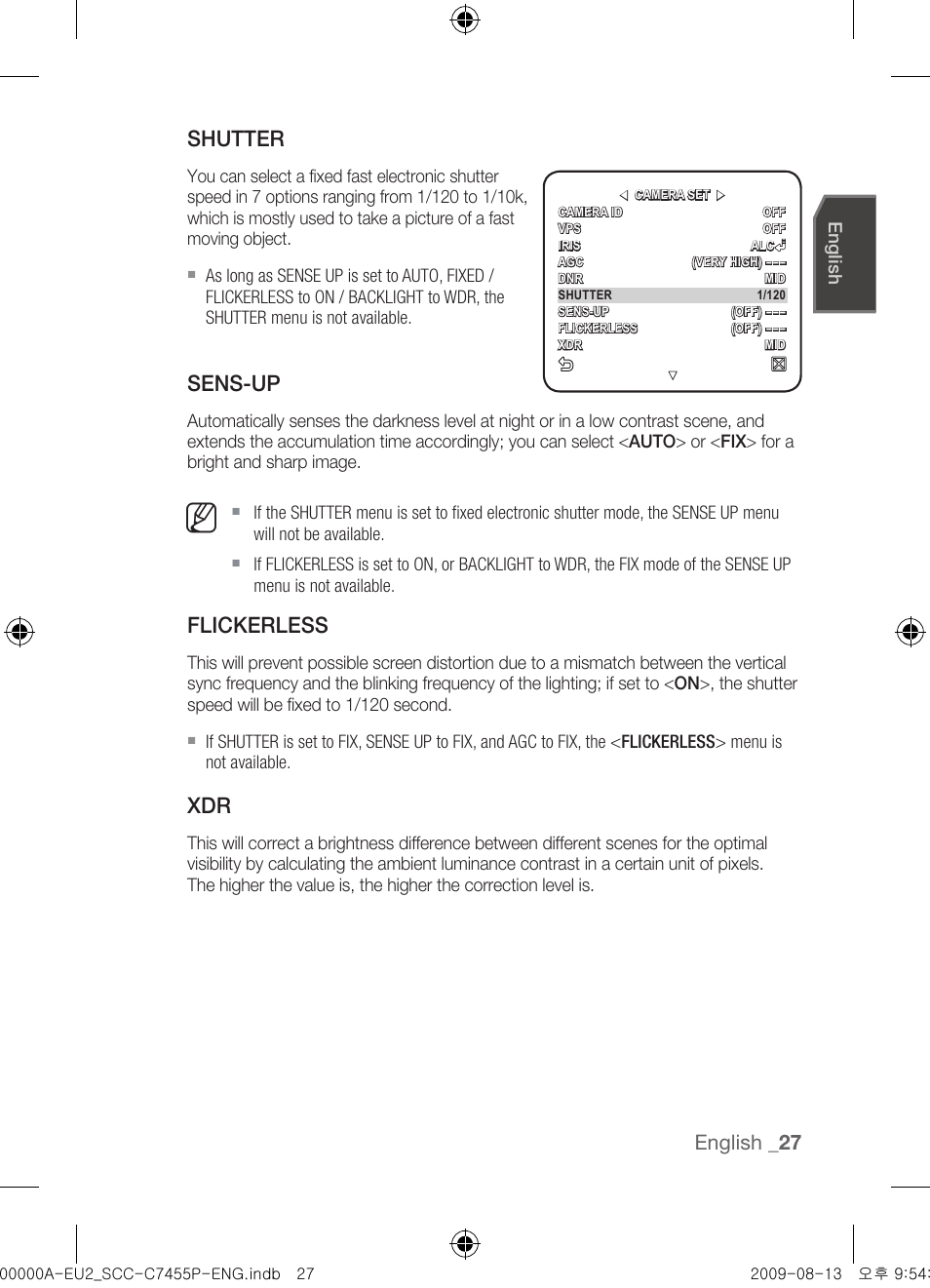 Shutter, Sens-up, Flickerless | English | Samsung SCC-C7455P User Manual | Page 27 / 52