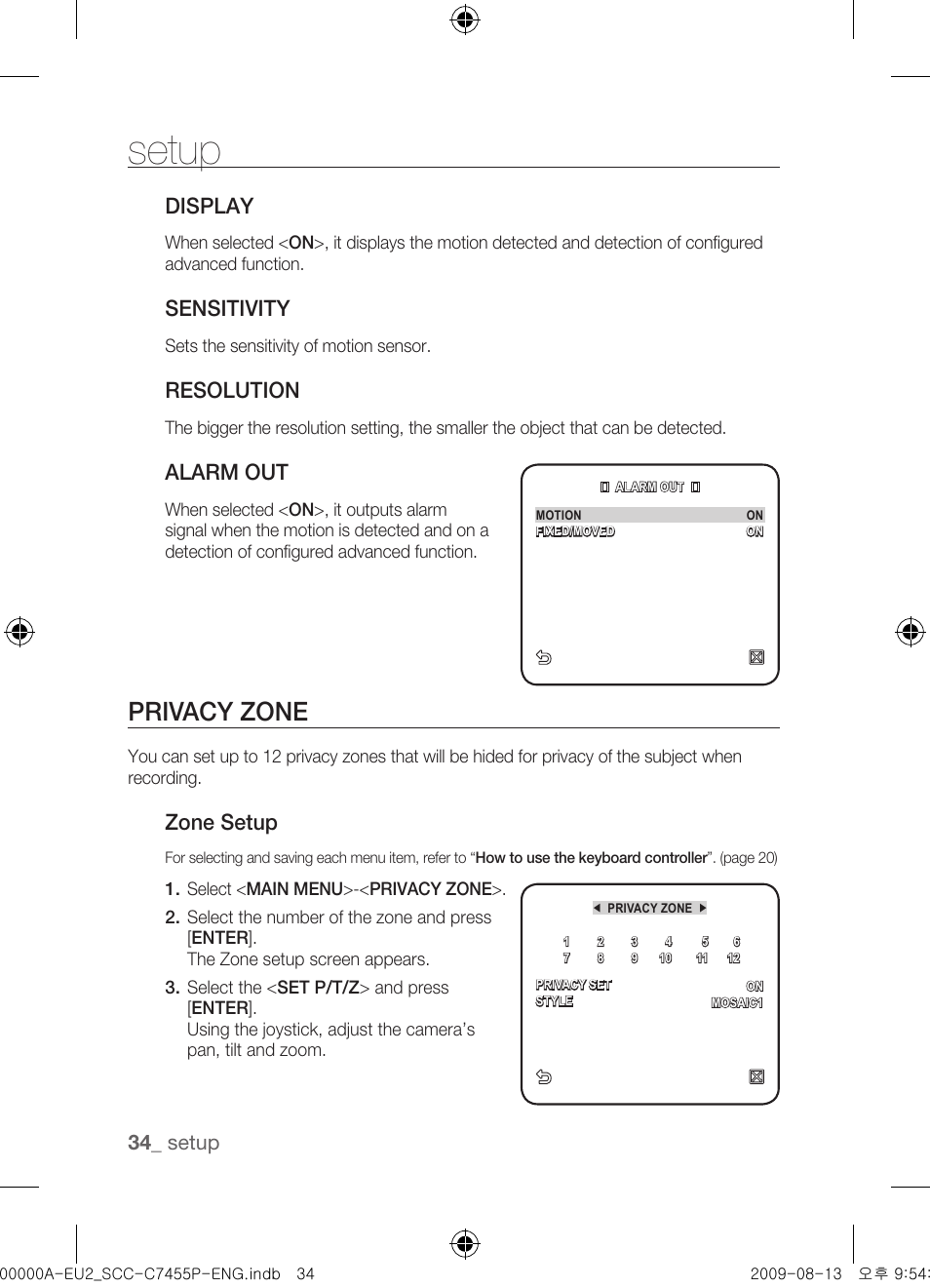 Privacy zone, Display, Sensitivity | Resolution, Alarm out, Zone setup, Setup | Samsung SCC-C7455P User Manual | Page 34 / 52