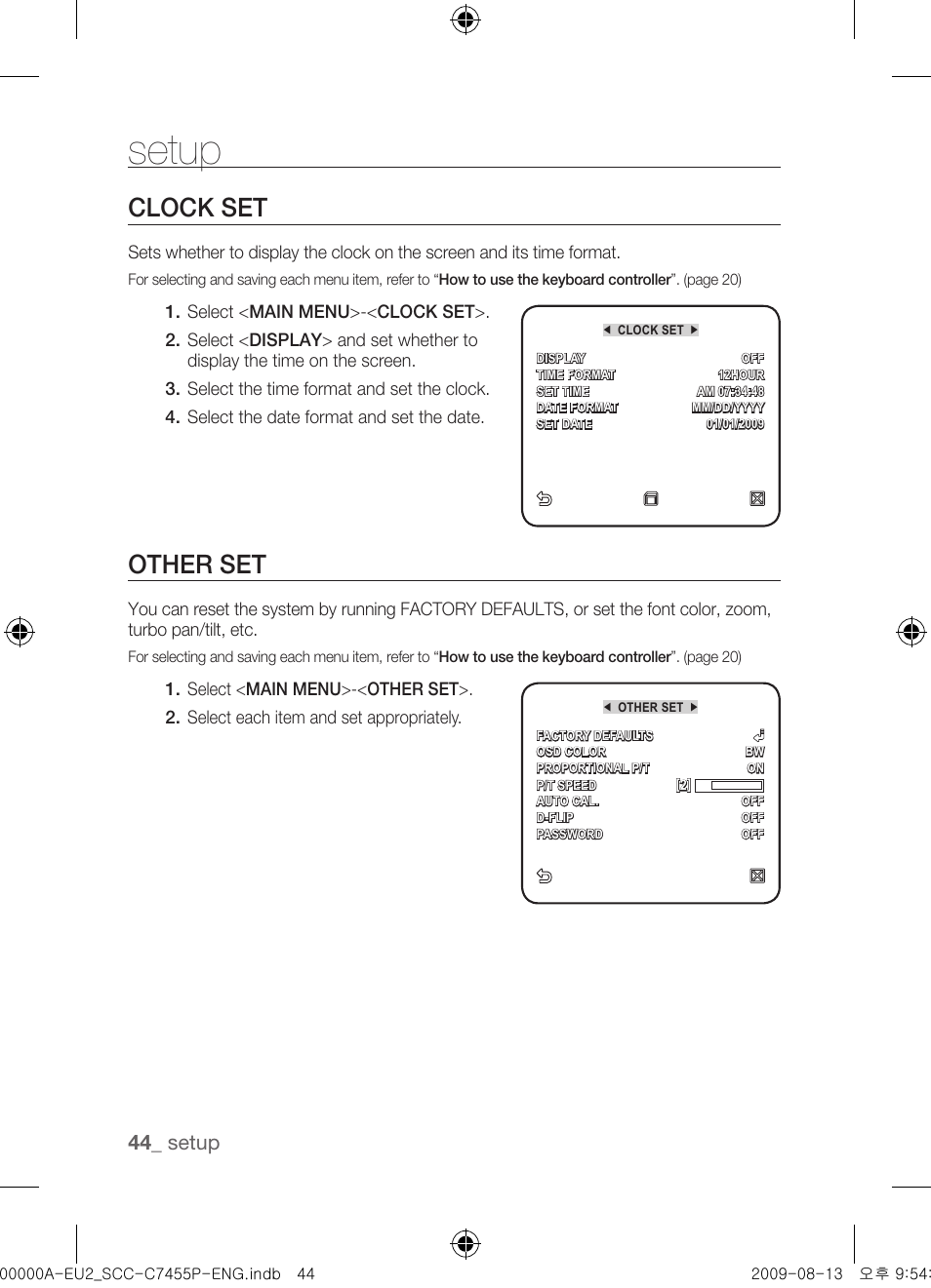 Clock set, Other set, Setup | Samsung SCC-C7455P User Manual | Page 44 / 52