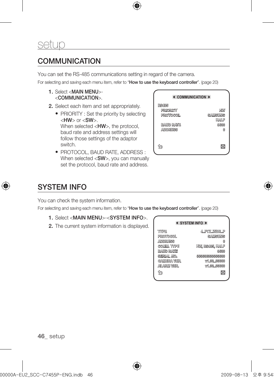 Communication, System info, Setup | Samsung SCC-C7455P User Manual | Page 46 / 52
