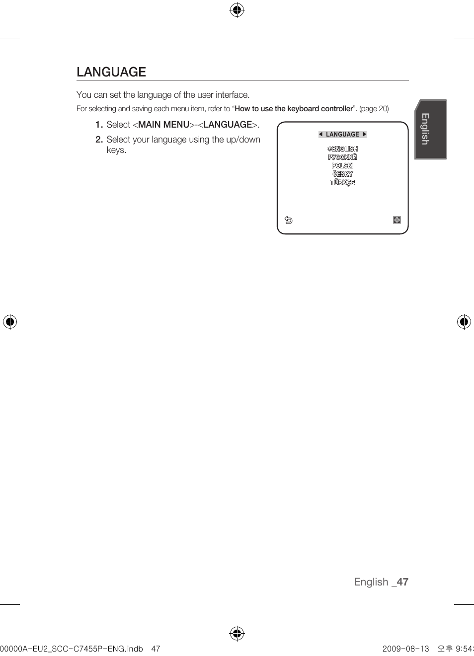 Language, English | Samsung SCC-C7455P User Manual | Page 47 / 52