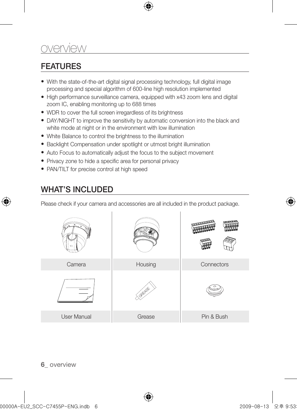 Overview, Features, What’s included | Samsung SCC-C7455P User Manual | Page 6 / 52