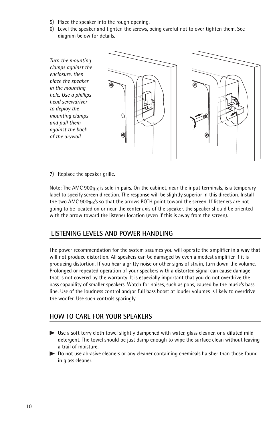 Listening levels and power handling, How to care for your speakers | Snell Acoustics AMC 760 User Manual | Page 10 / 12