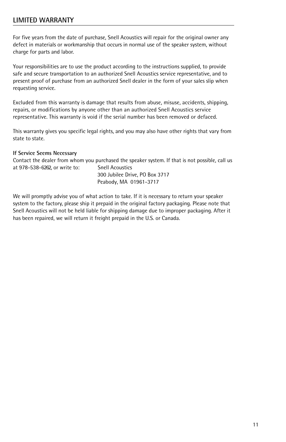 Limited warranty | Snell Acoustics AMC 760 User Manual | Page 11 / 12