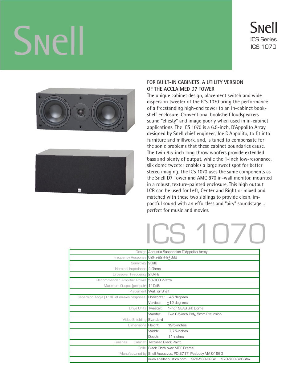 Snell Acoustics ICS 1070 User Manual | 1 page
