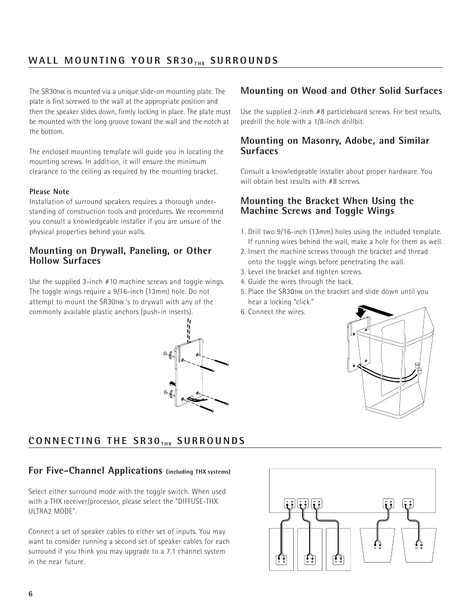 Mounting on wood and other solid surfaces, Mounting on masonry, adobe, and similar surfaces | Snell Acoustics SR30THX User Manual | Page 6 / 8