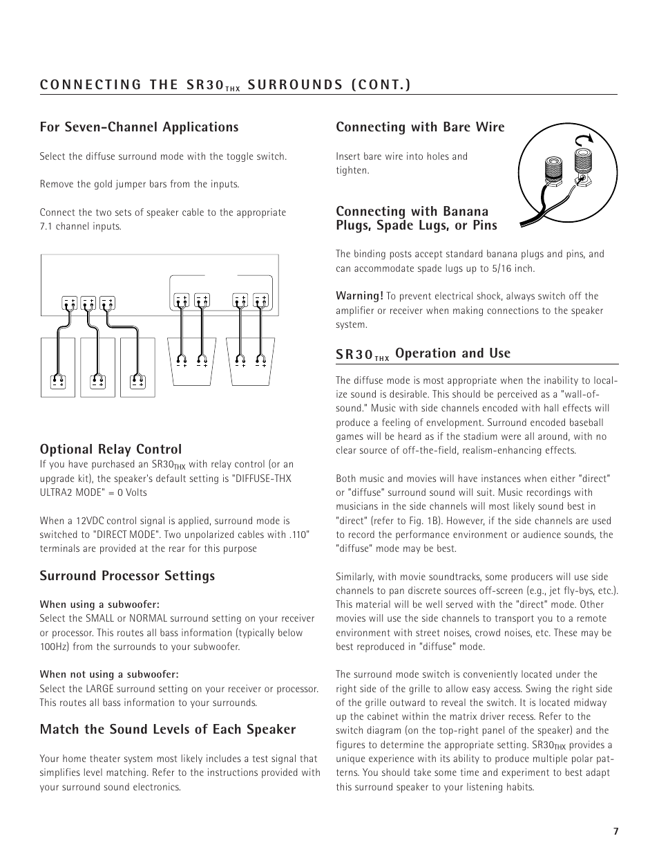 Optional relay control, Surround processor settings, Match the sound levels of each speaker | Connecting with bare wire, Connecting with banana plugs, spade lugs, or pins, S r 3 0, Operation and use, Warning | Snell Acoustics SR30THX User Manual | Page 7 / 8