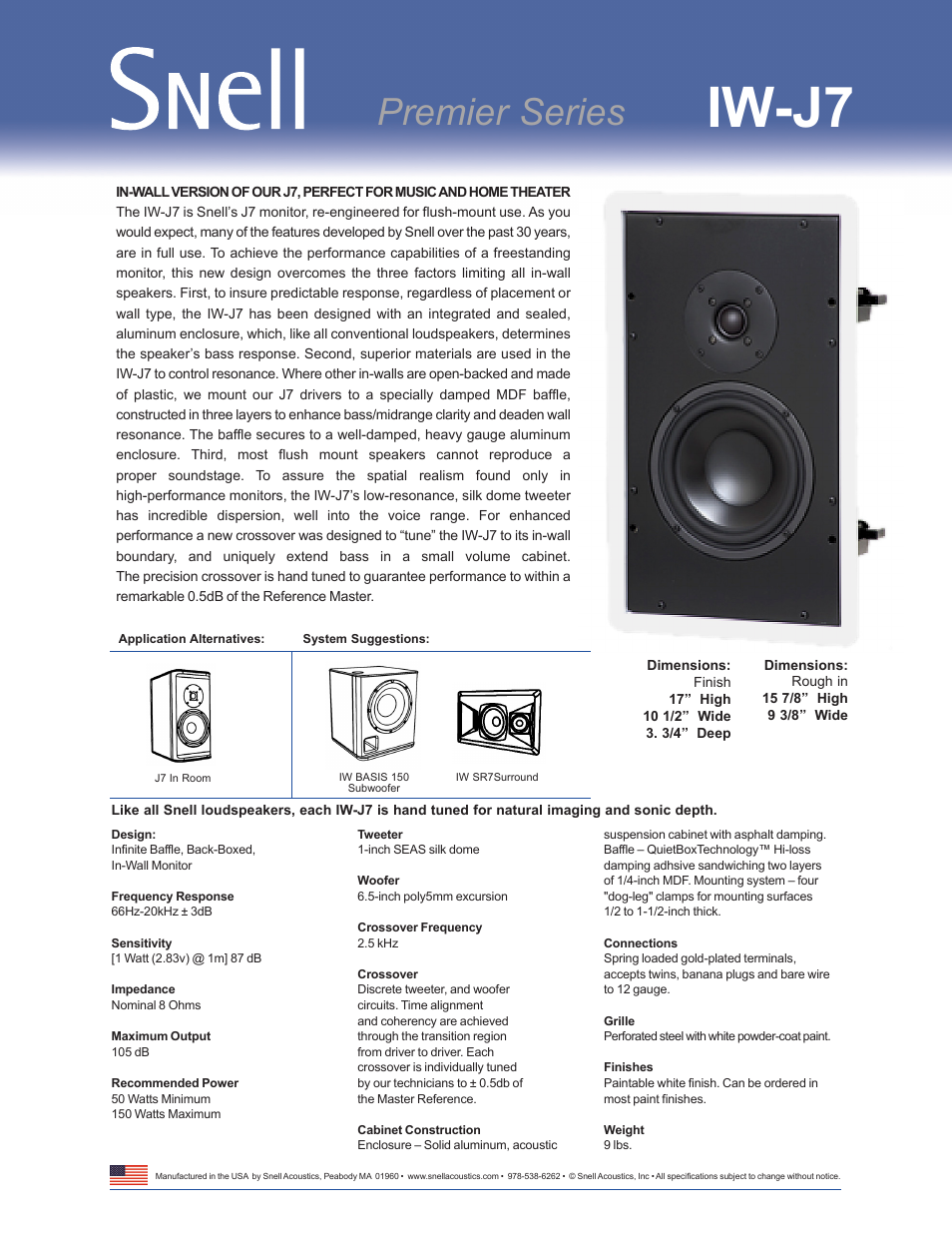 Snell Acoustics IW-J7 User Manual | 1 page