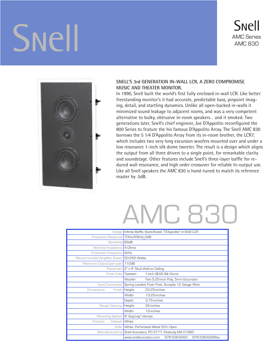 Snell Acoustics AMC 830 User Manual | 1 page