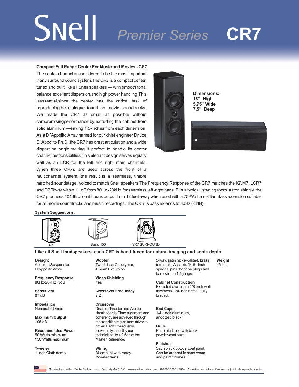 Snell Acoustics CR7 User Manual | 1 page