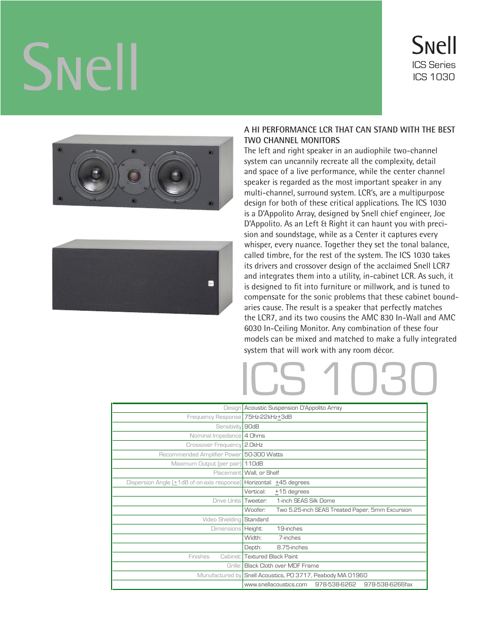 Snell Acoustics ICS 1030 User Manual | 1 page