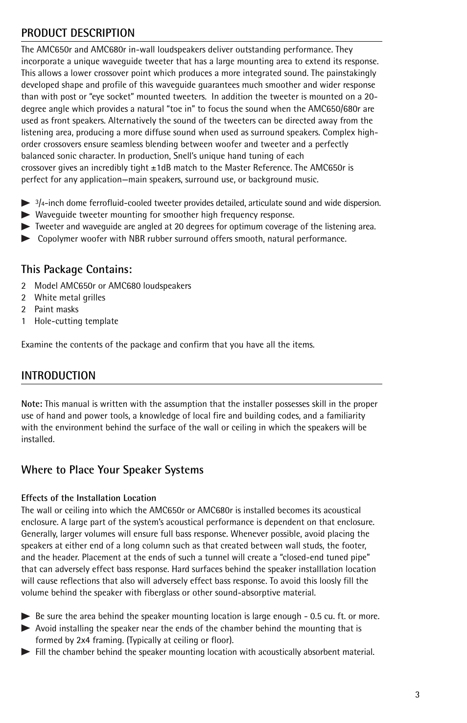 Product description, This package contains, Introduction | Where to place your speaker systems | Snell Acoustics 680r User Manual | Page 3 / 8
