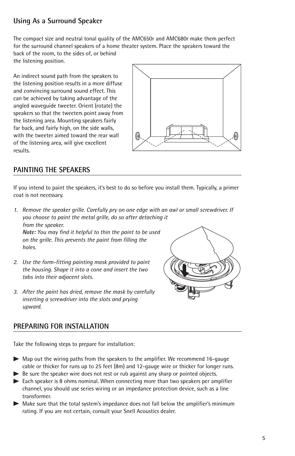 Using as a surround speaker, Painting the speakers, Preparing for installation | Snell Acoustics 680r User Manual | Page 5 / 8