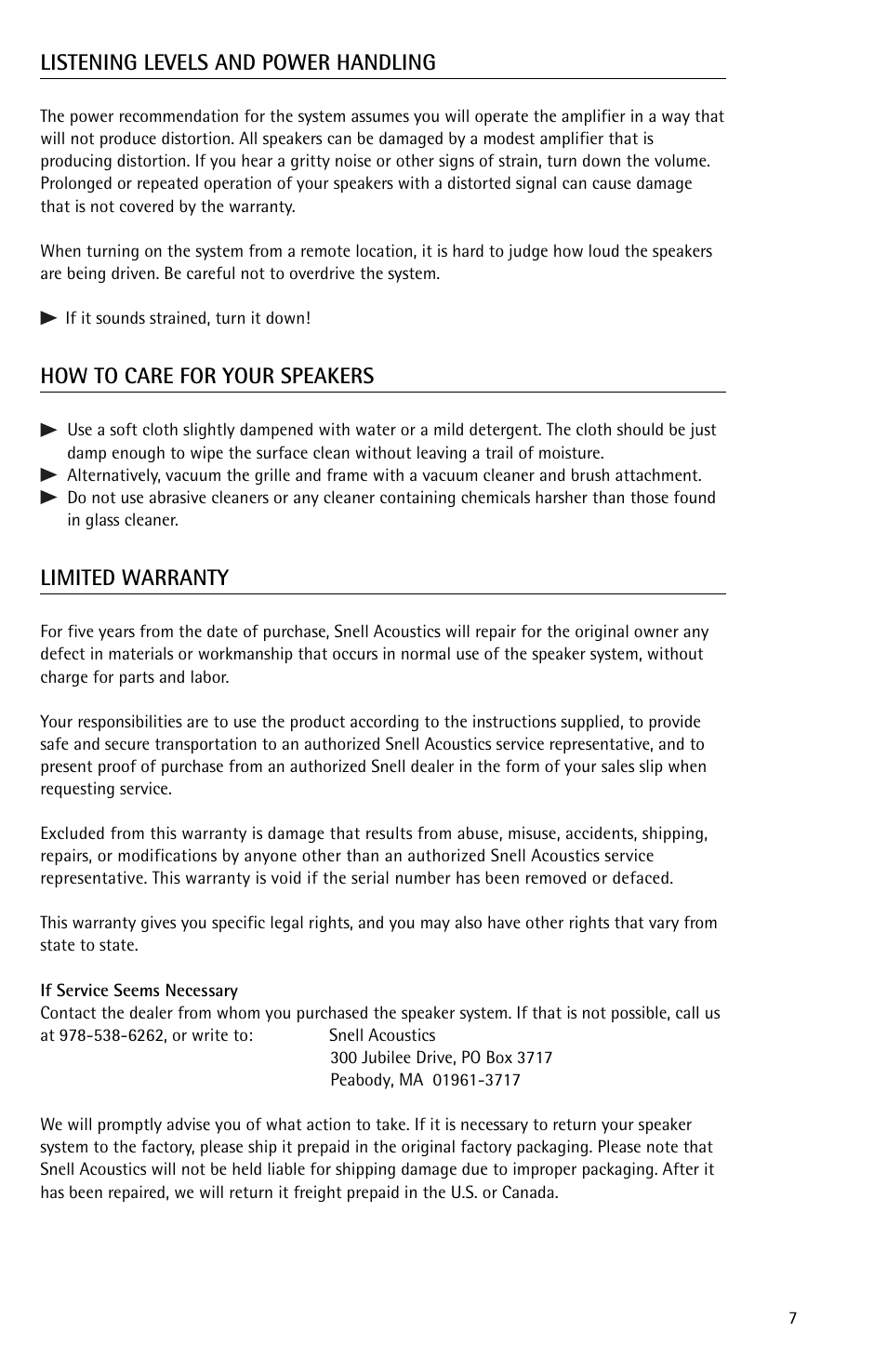 Listening levels and power handling, How to care for your speakers, Limited warranty | Snell Acoustics 680r User Manual | Page 7 / 8