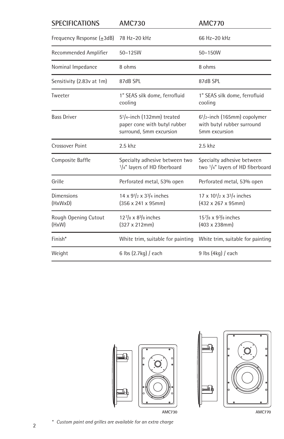 Specifications, Amc770, Amc730 | Snell Acoustics 730 770 830 870 User Manual | Page 2 / 12