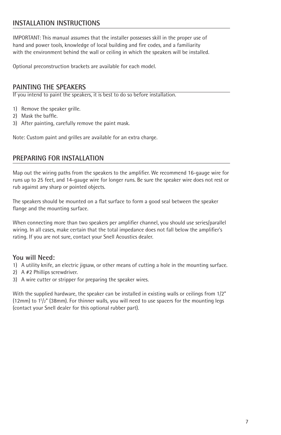 Installation instructions, Painting the speakers, Preparing for installation | You will need | Snell Acoustics 730 770 830 870 User Manual | Page 7 / 12