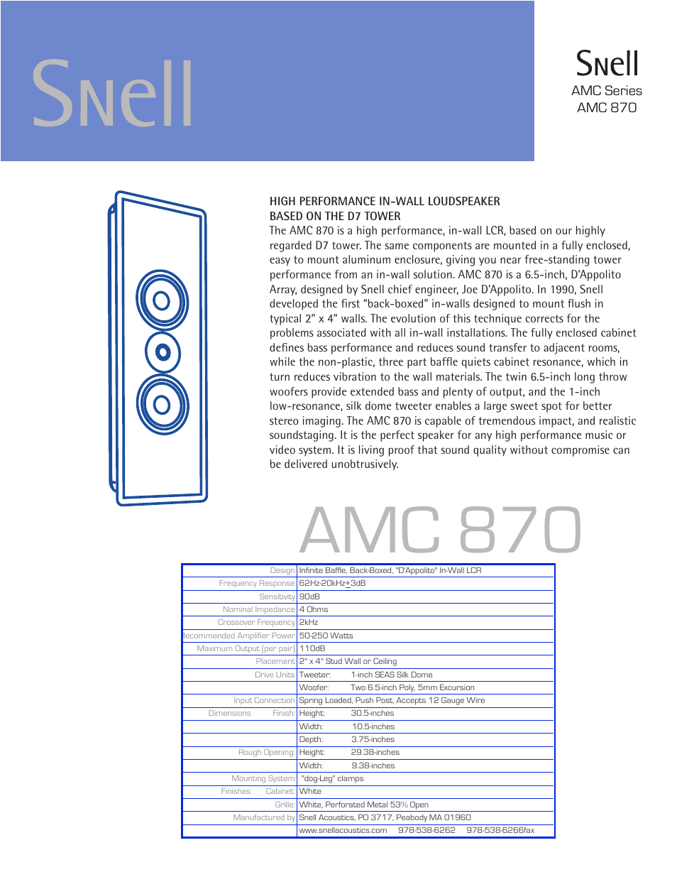 Snell Acoustics AMC 870 User Manual | 1 page