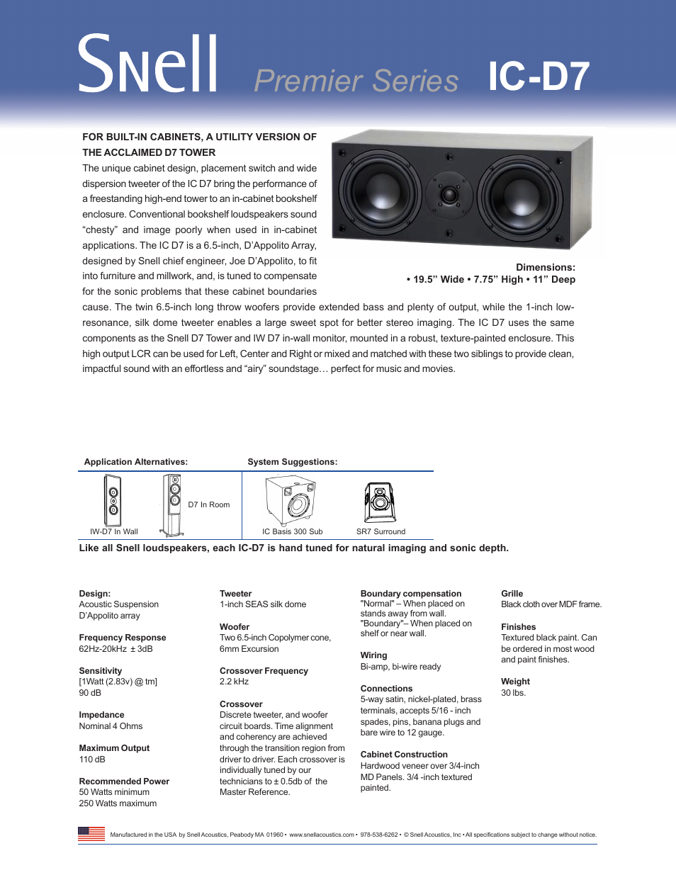 Snell Acoustics IC-D7 User Manual | 1 page