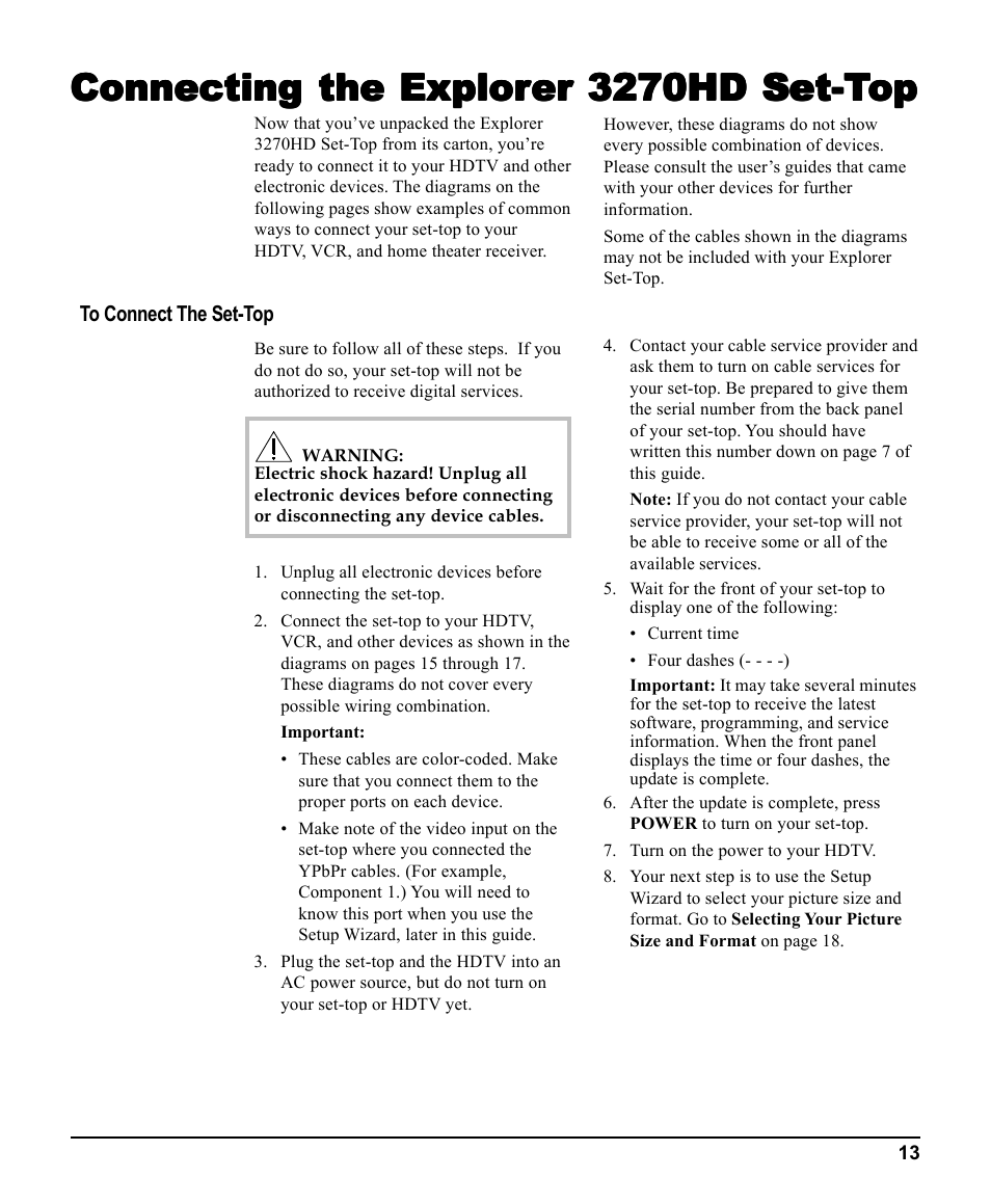 Connecting the explorer 3270hd set-top, Connecting the explor | Scientific Atlanta 3270HD User Manual | Page 13 / 52