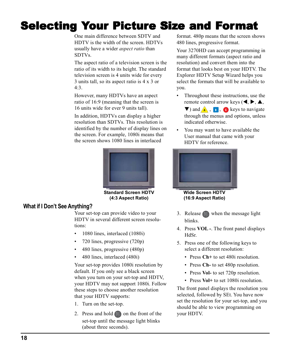 Selecting your picture size and format, Selecting | Scientific Atlanta 3270HD User Manual | Page 18 / 52