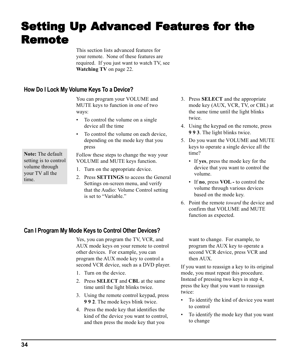 Setting up advanced features for the remote, Setting up | Scientific Atlanta 3270HD User Manual | Page 34 / 52