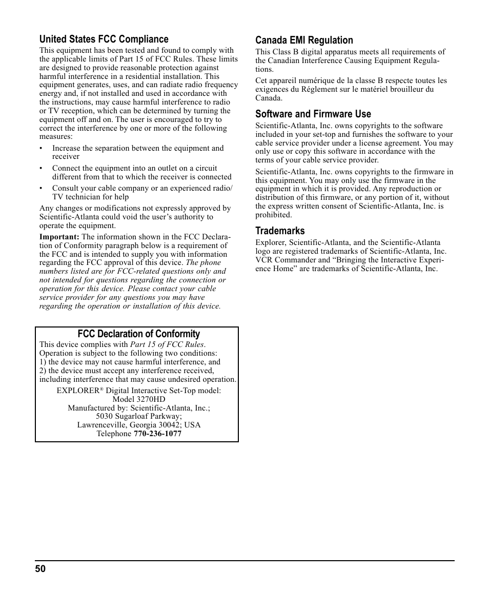 United states fcc compliance, Fcc declaration of conformity, Canada emi regulation | Software and firmware use, Trademarks | Scientific Atlanta 3270HD User Manual | Page 50 / 52