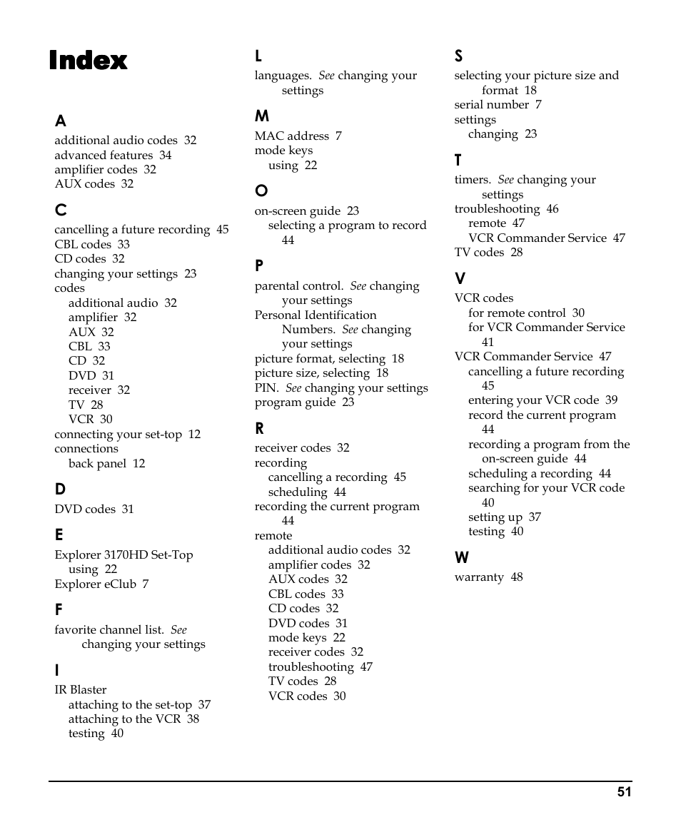 Index, Inde, Inde index xx xx | Scientific Atlanta 3270HD User Manual | Page 51 / 52