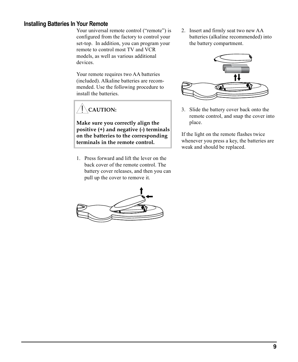 Installing batteries in your remote | Scientific Atlanta 3270HD User Manual | Page 9 / 52