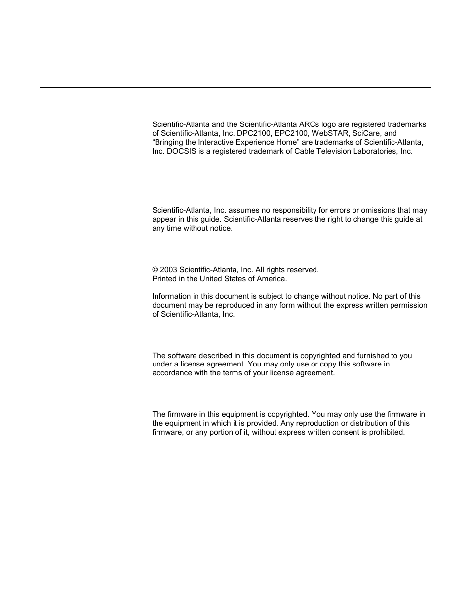 Notices, Trademarks, Disclaimer | Documentation copyright notice, Software use notice, Firmware use notice, Fcc com | Scientific Atlanta WebSTAR DPC2100 User Manual | Page 24 / 26