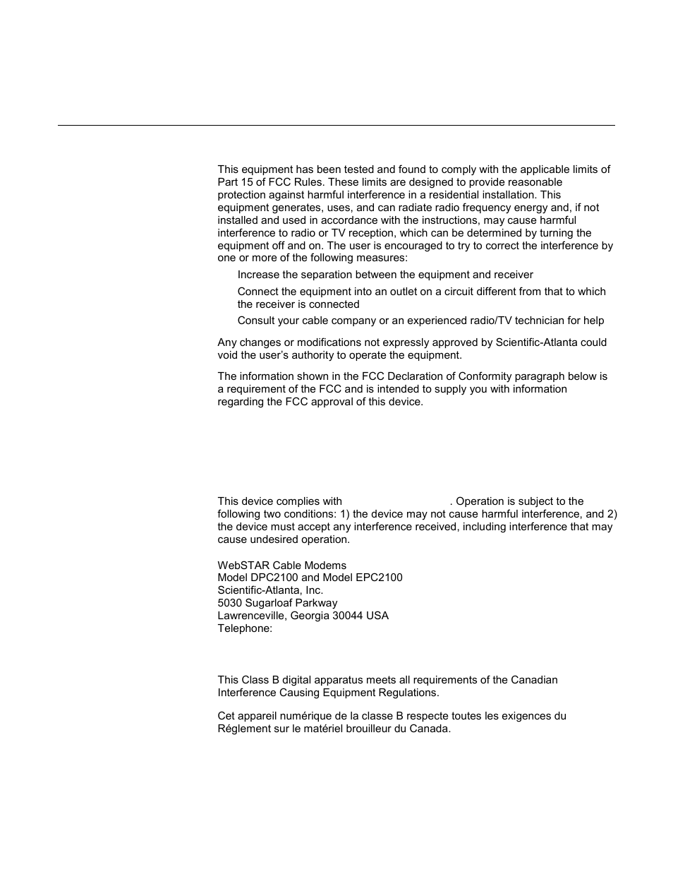 Fcc compliance, United states fcc compliance, Fcc declaration of conformity | Canada emi regulation, For information | Scientific Atlanta WebSTAR DPC2100 User Manual | Page 25 / 26