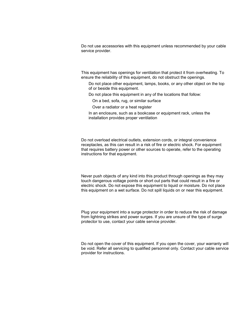 Accessories, Ventilation, Overloading | Object and liquid entry, Lightning and power surges, Servicing | Scientific Atlanta WebSTAR DPC2100 User Manual | Page 4 / 26