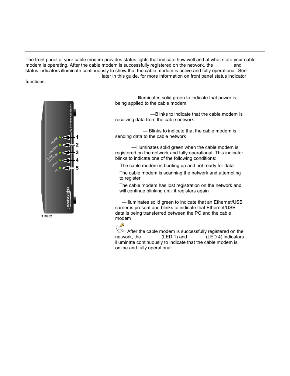 Front panel description | Scientific Atlanta WebSTAR DPC2100 User Manual | Page 7 / 26