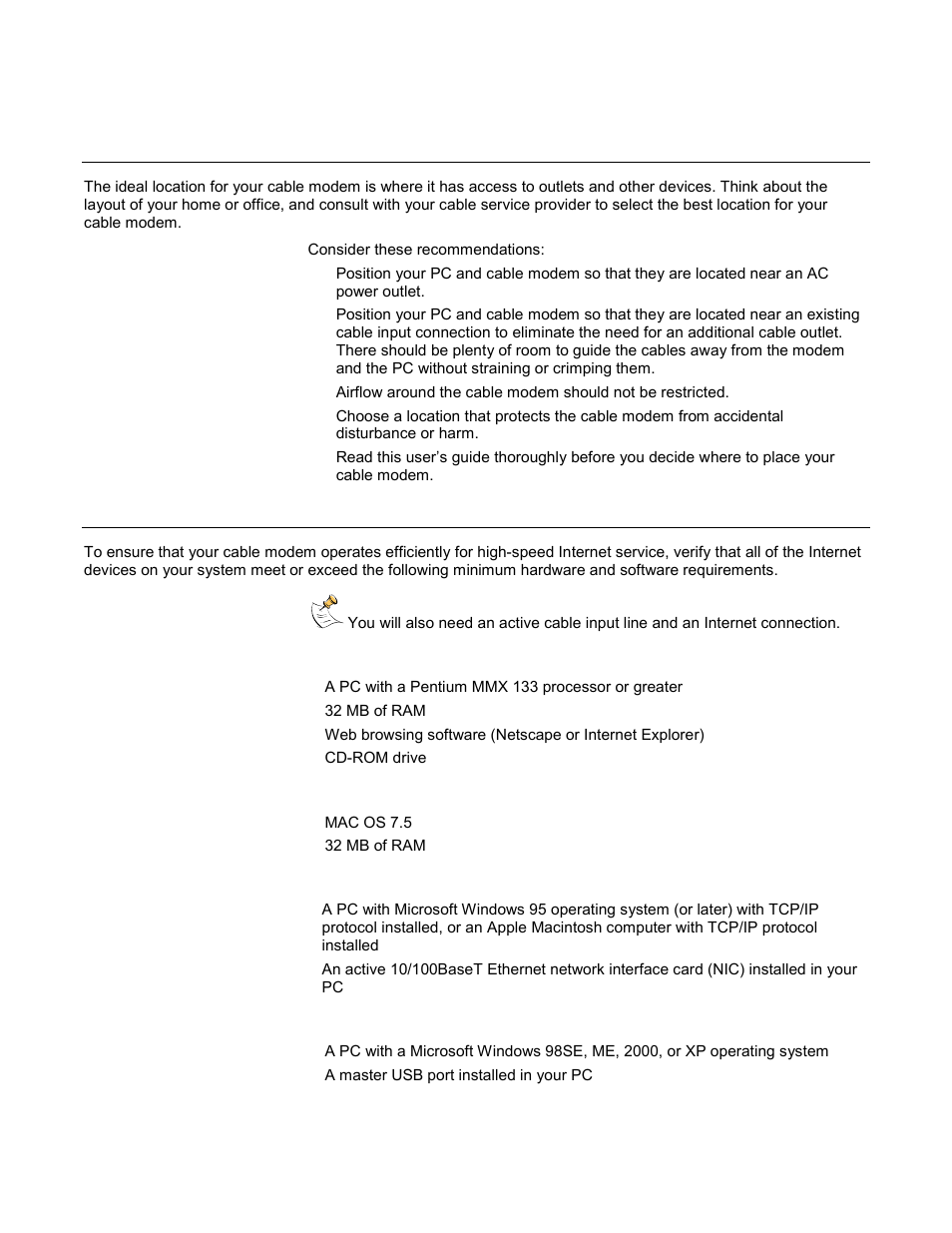 Where is the best location for my cable modem, Minimum system requirements for pcs, Minimum system requirements for macintosh | System requirements for an ethernet connection, System requirements for a usb connection, What are the system requirements for internet ser | Scientific Atlanta WebSTAR DPC2100 User Manual | Page 9 / 26