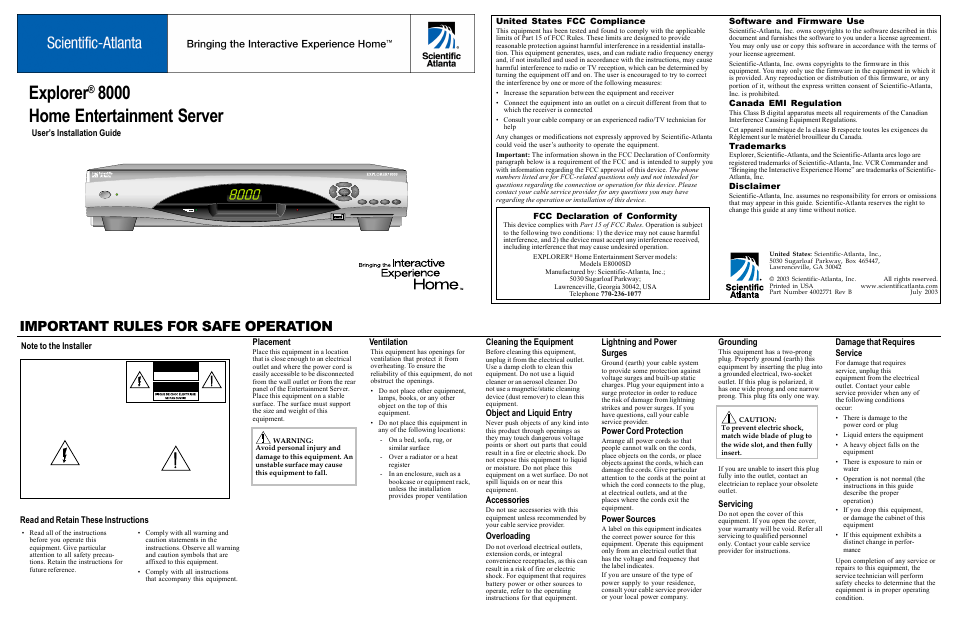 Scientific Atlanta EXPLORER E8000SD User Manual | 2 pages