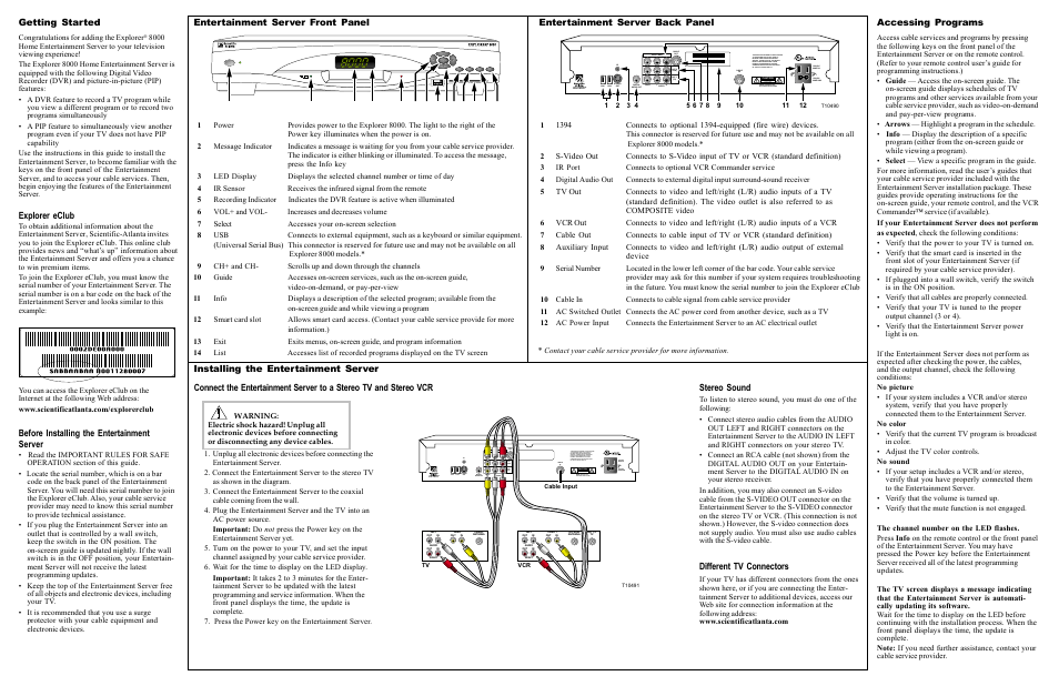 Explorer eclub, Entertainment server front panel, Accessing programs | Before installing the entertainment server, Stereo sound different tv connectors | Scientific Atlanta EXPLORER E8000SD User Manual | Page 2 / 2