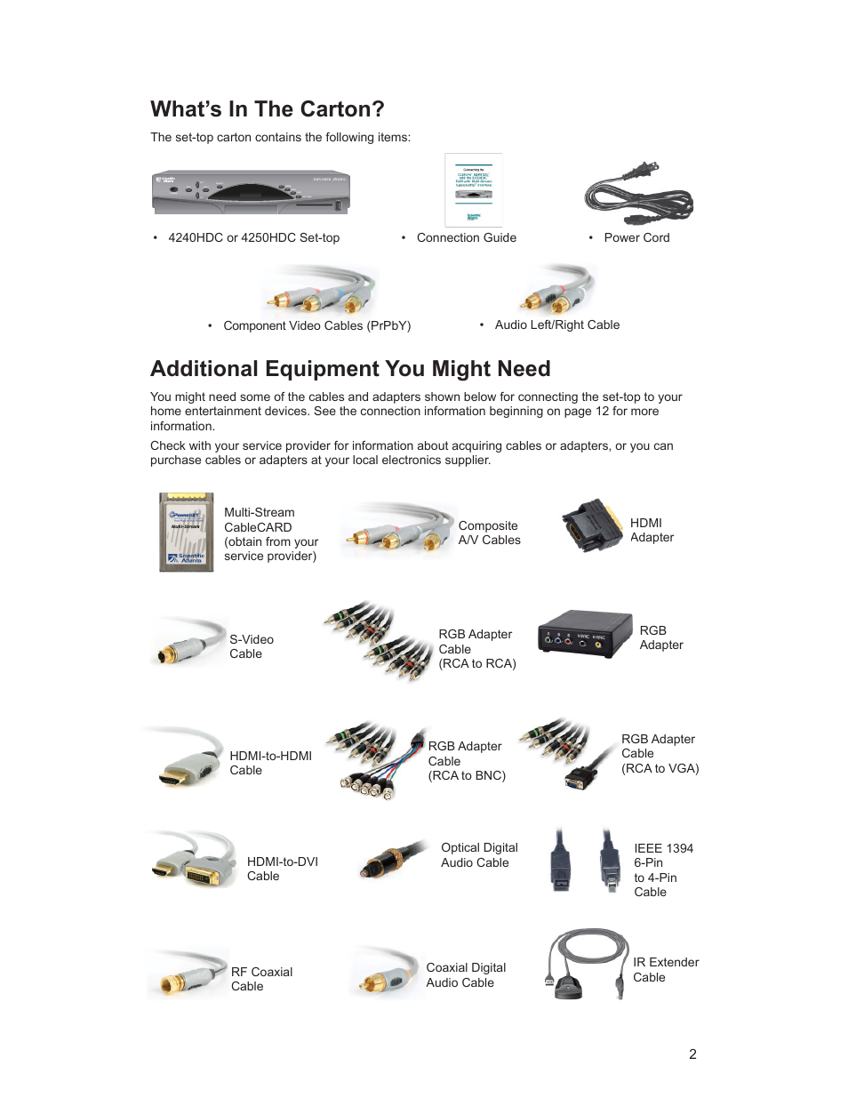 What’s in the carton, Additional equipment you might need | Scientific Atlanta 4250HDC User Manual | Page 7 / 25