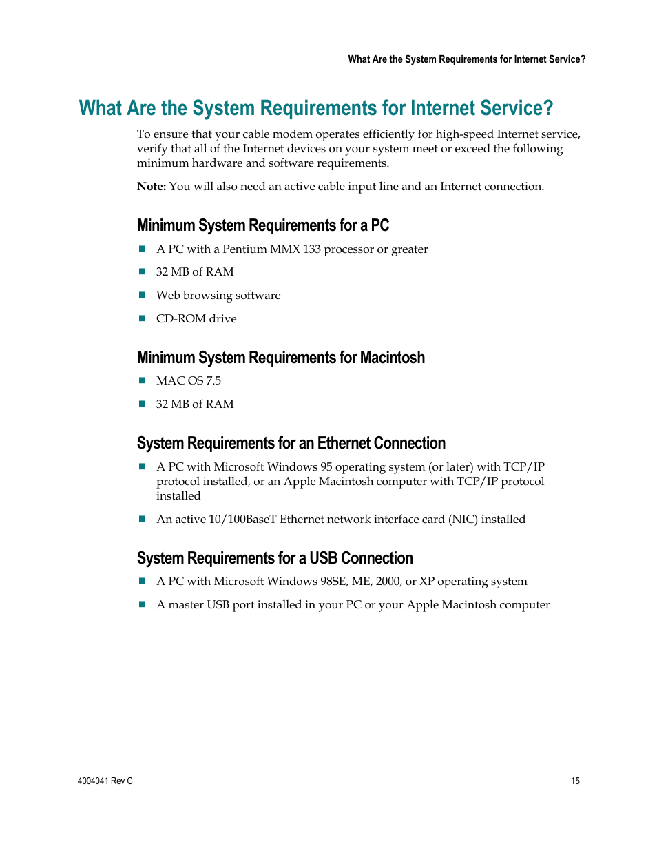 Minimum system requirements for a pc, Minimum system requirements for macintosh, System requirements for an ethernet connection | System requirements for a usb connection | Scientific Atlanta EPX2203TM User Manual | Page 15 / 52