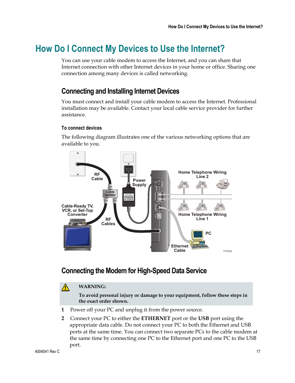 How do i connect my devices to use the internet, Connecting and installing internet devices, Connecting the modem for high-speed data service | Scientific Atlanta EPX2203TM User Manual | Page 17 / 52