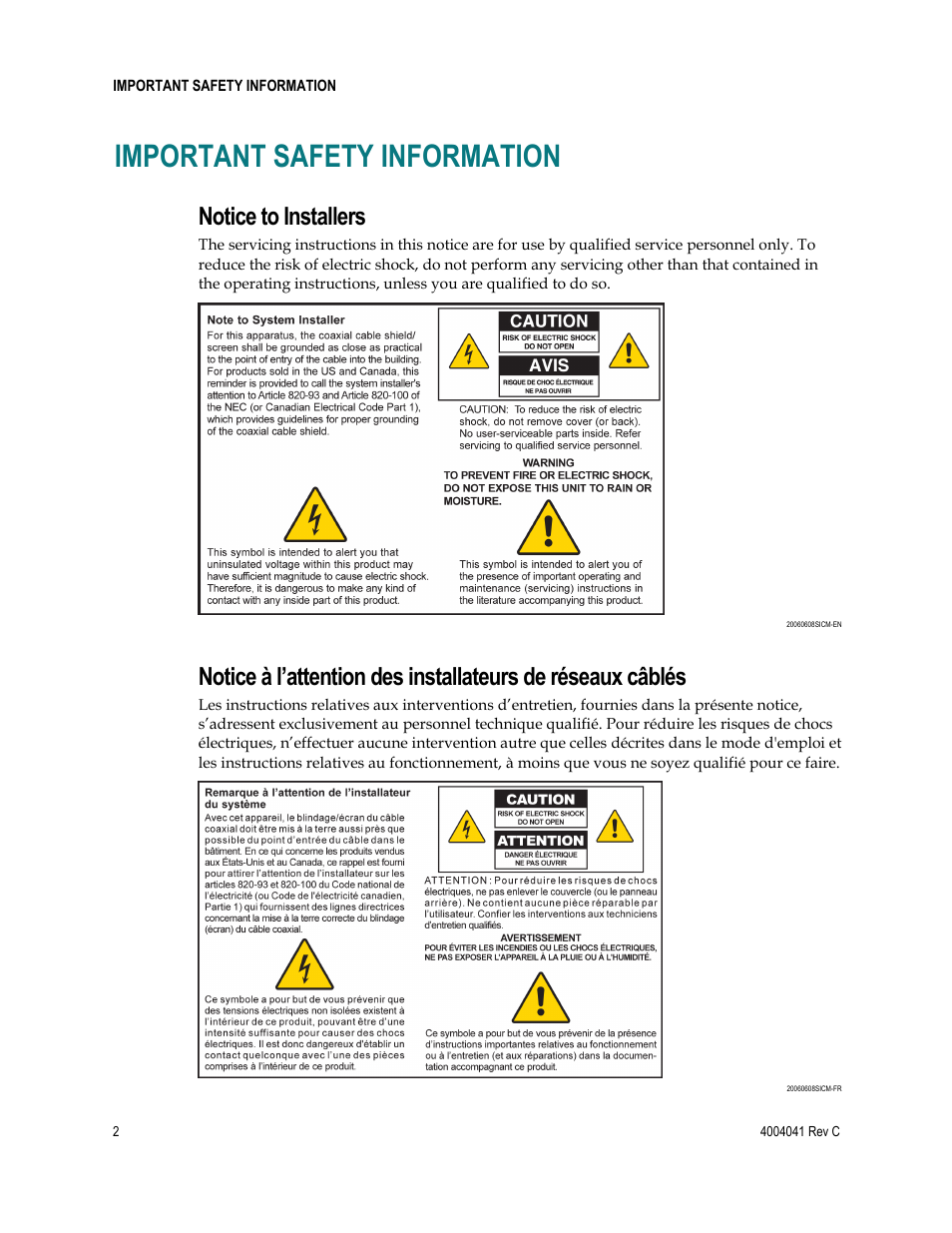 Important safety information, Notice to installers | Scientific Atlanta EPX2203TM User Manual | Page 2 / 52