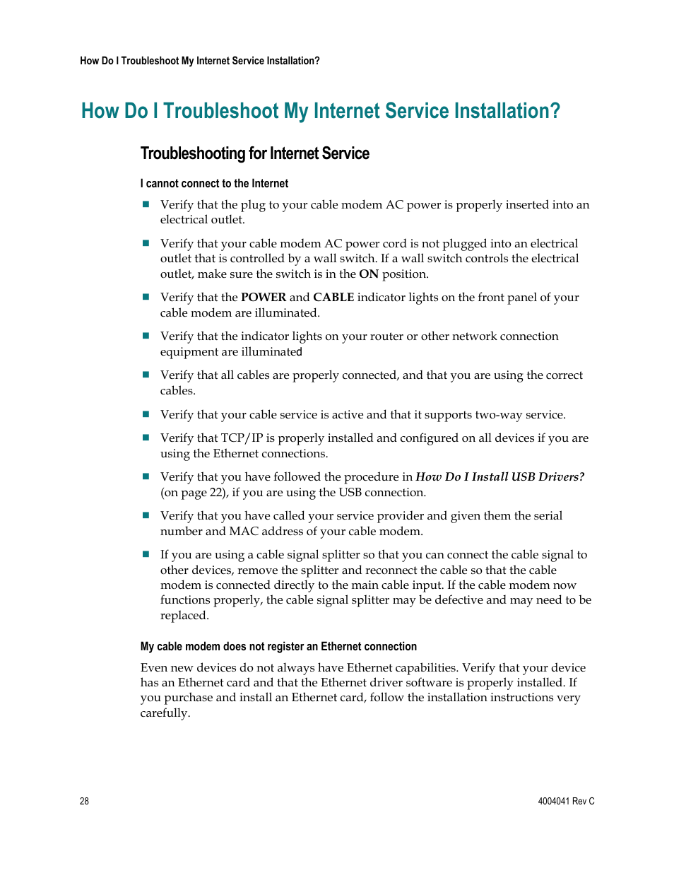 Troubleshooting for internet service | Scientific Atlanta EPX2203TM User Manual | Page 28 / 52