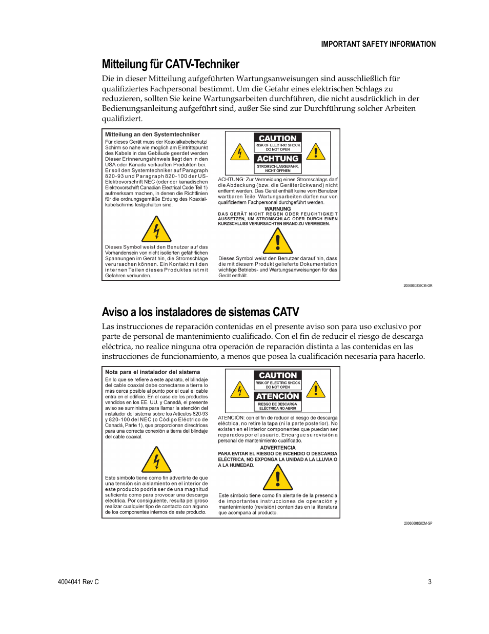 Mitteilung für catv-techniker, Aviso a los instaladores de sistemas catv | Scientific Atlanta EPX2203TM User Manual | Page 3 / 52