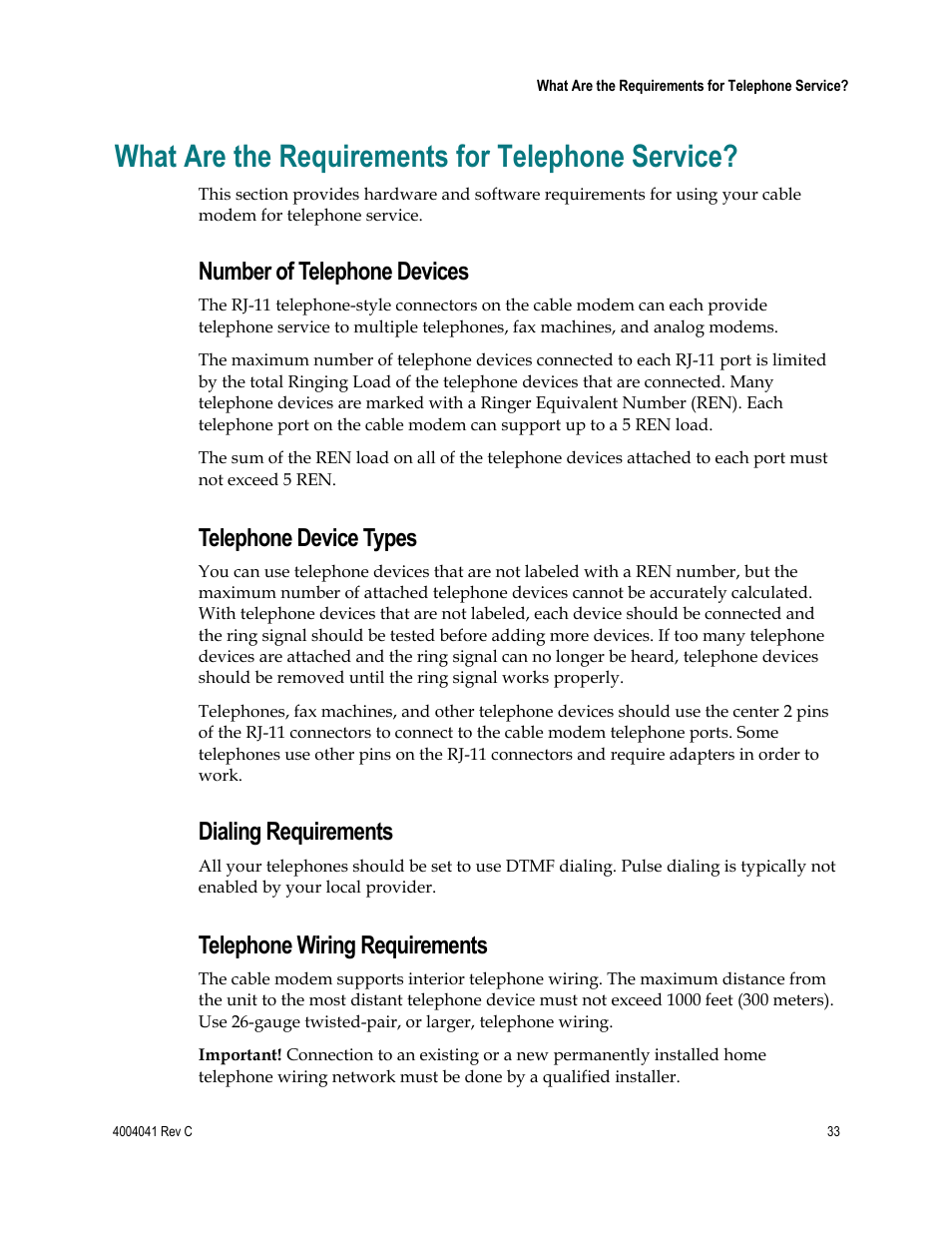 What are the requirements for telephone service, Number of telephone devices, Telephone device types | Dialing requirements, Telephone wiring requirements | Scientific Atlanta EPX2203TM User Manual | Page 33 / 52