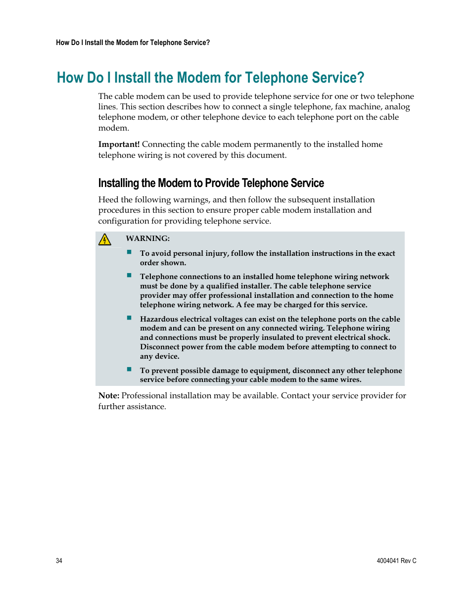 How do i install the modem for telephone service, Installing the modem to provide telephone service | Scientific Atlanta EPX2203TM User Manual | Page 34 / 52