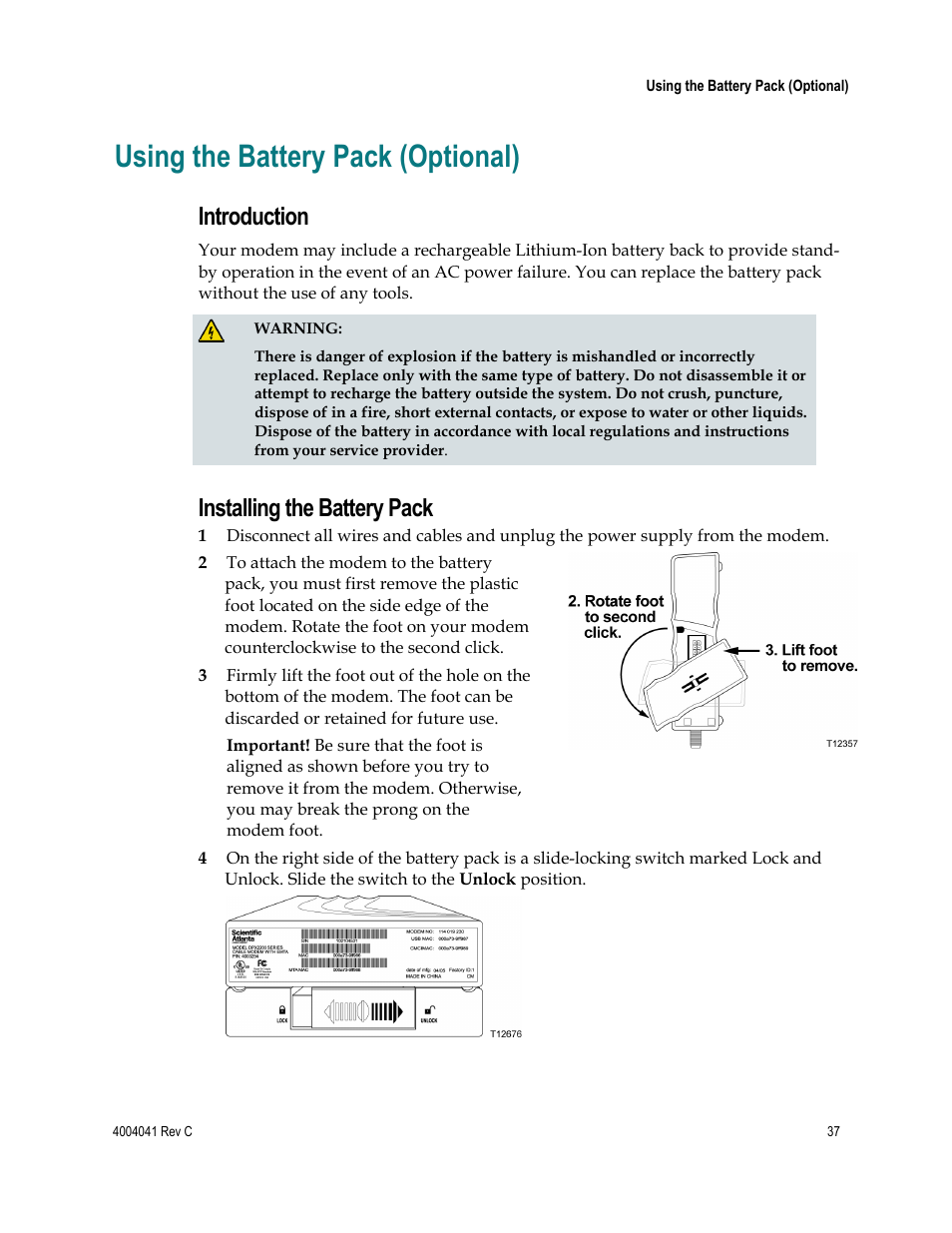 Using the battery pack (optional), Introduction, Installing the battery pack | Scientific Atlanta EPX2203TM User Manual | Page 37 / 52