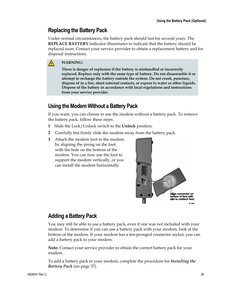 Replacing the battery pack, Using the modem without a battery pack, Adding a battery pack | Scientific Atlanta EPX2203TM User Manual | Page 39 / 52