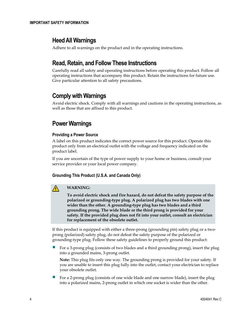 Heed all warnings, Read, retain, and follow these instructions, Comply with warnings | Power warnings | Scientific Atlanta EPX2203TM User Manual | Page 4 / 52