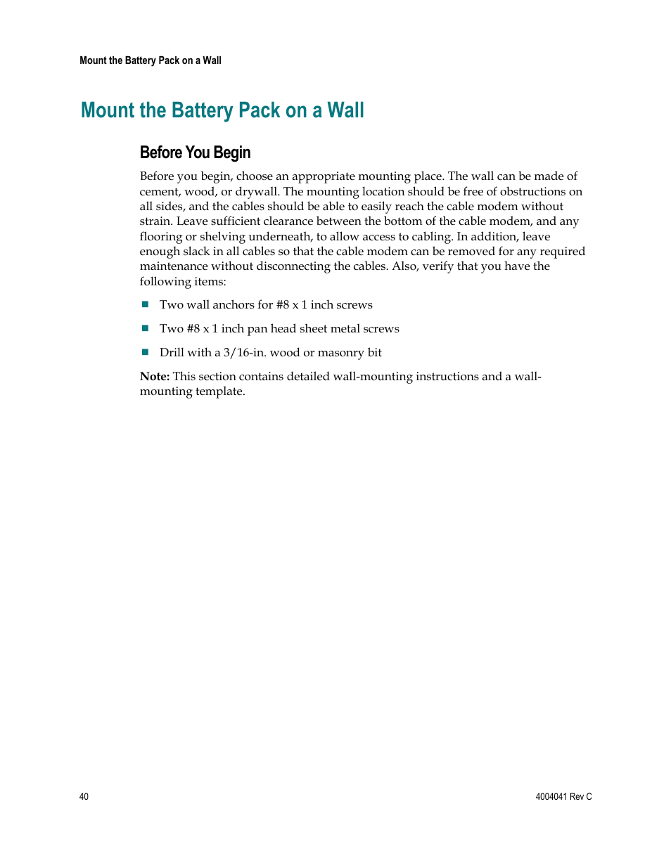 Mount the battery pack on a wall, Before you begin | Scientific Atlanta EPX2203TM User Manual | Page 40 / 52